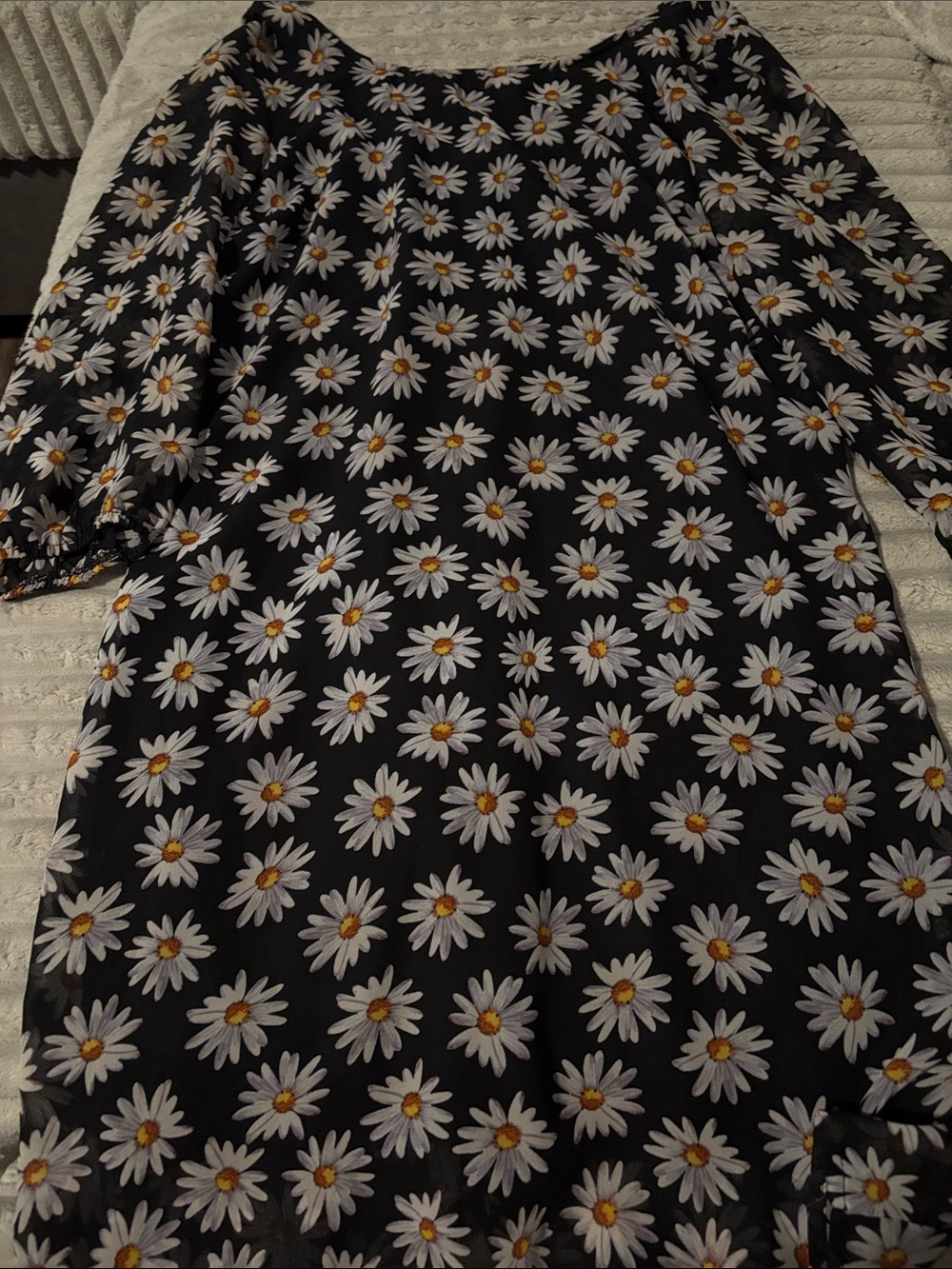 Women's Black Daisy Print dress, the sleeves are sheer - White & Yellow Floral
